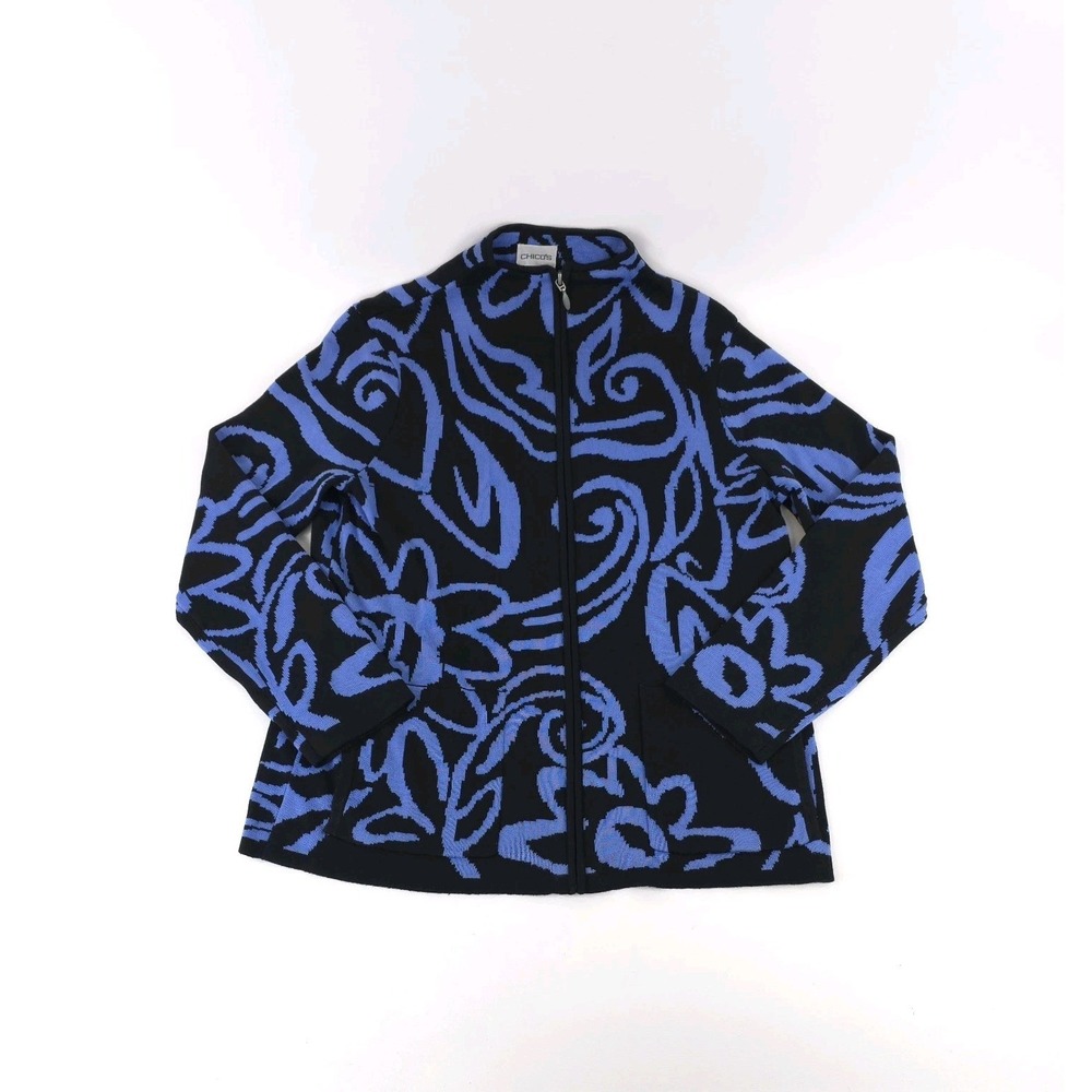 Chico's Silk Blend Full Zip Cardigan Sweater Blue Black Women's Size 1 Medium